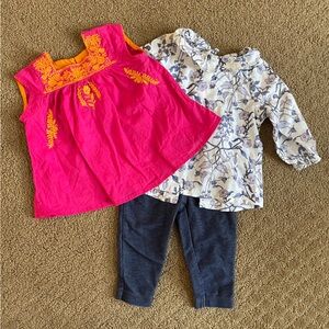 Lot of 2 baby outfit options: “jeans” + Pink Chicken top and Janie & Jack top